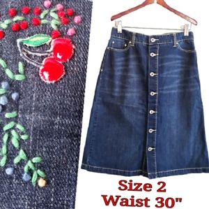 Y2K Tommy Hilfiger Cherry Embroidered Button Front Jean Skirt -Size 2 Waist 30"